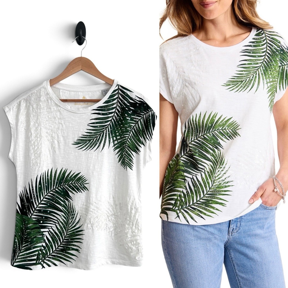 Tommy Bahama Women XS White Multicolor 100% Cotton Palm Tropical Sequin Top NWOT